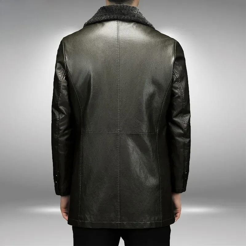 New Men Fashion Casual Fur Integrated Leather Coat Winter Men Mid-Length Thickened Wool Liner Warm Sheep Leather Jacket