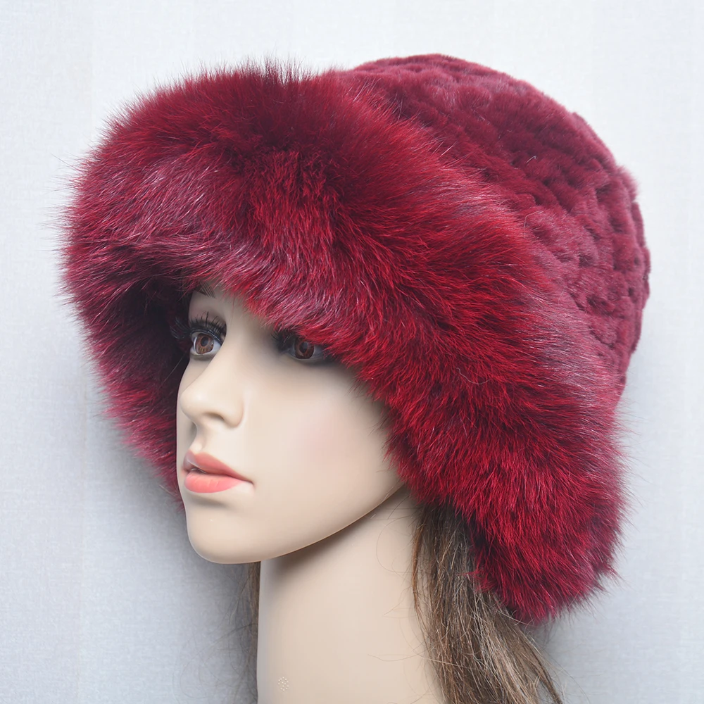 New Style Women Outdoor Winter Warm Natural Fox Fur Hats Lady Knit Fur Cap Female Fashion Knitted Fluffy Real Rex Rabbit Fur Hat