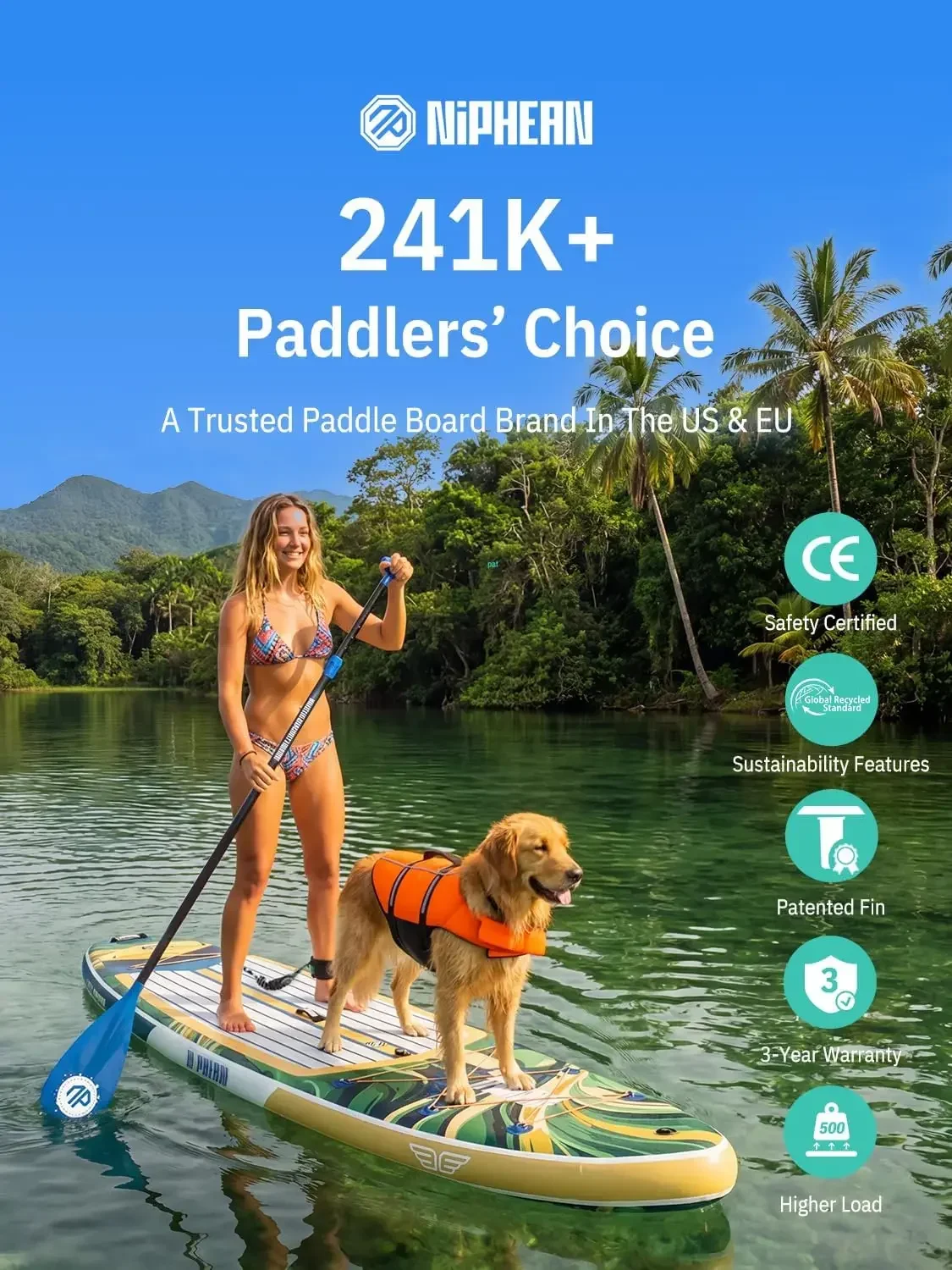 (Extra Large) Inflatable Paddle Board, SUP for 2+1 People/Family 500lbs Capacity Stand Up Paddle Board with SUP Accessories, Sta