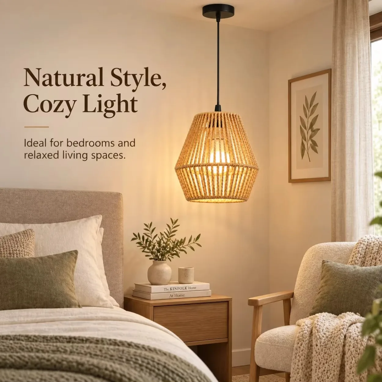 Handmade Rattan Chandelier Wicker Pendant Light E27 Adjustable Boho Woven Hanging Lamp Fixture for Living Room Dining Decor