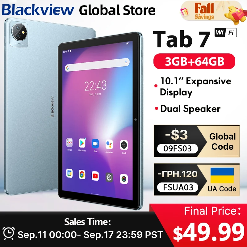 تابلت Blackview Tab 7 WIFI مقاس 10.1 بوصة عالي الدقة + شاشة 6580 مللي أمبير في الساعة وبطارية 64 جيجابايت وأندرويد 12 وشاشة تعمل باللمس ومكبر صوت مزدوج