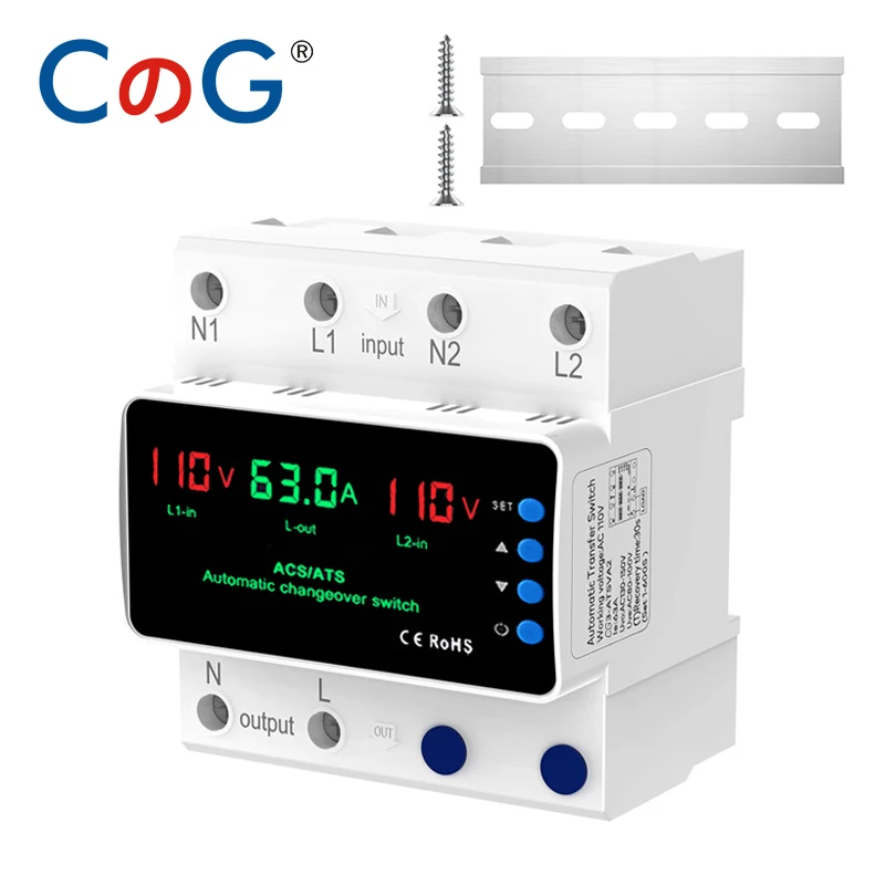 CG LED Display Automatic Transfer Switch 63A 110V Adjustable 2P Dual Power ATS DIN Rail Mount Over Voltage Current Protector