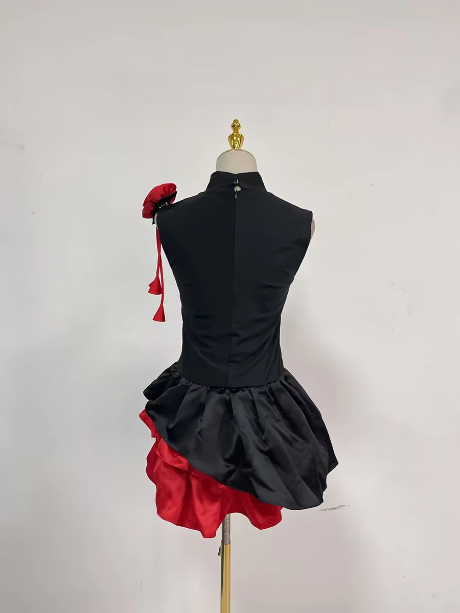 VGH ตีสี Retro Retro Tunic ชุดผู้หญิงคอปกแขนกุด Patchwork 3D Rose สาวร้อนชุดเสื้อผ้าหญิงใหม่