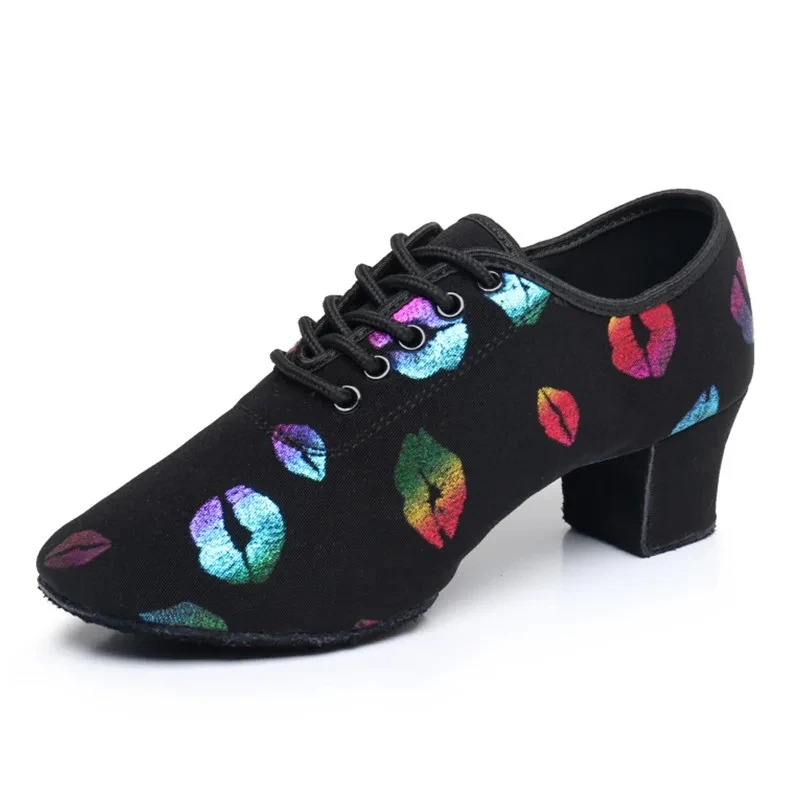 high heel dance shoes sneakers women ballroom latin dance shoes woman black close toe dancing shoes for women Lip print