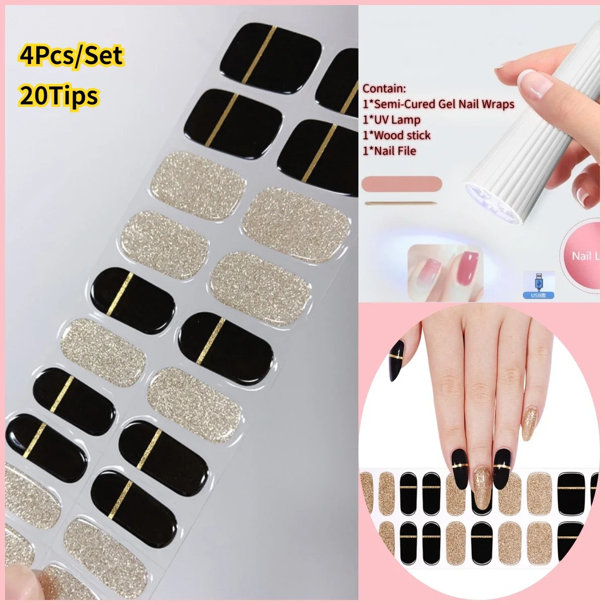 4 szt./zestaw 20 końcówek NG Półutwardzone żelowe paski do paznokci UV z lampą do paznokci Błyszczące naklejki na paznokcie Zestawy do manicure