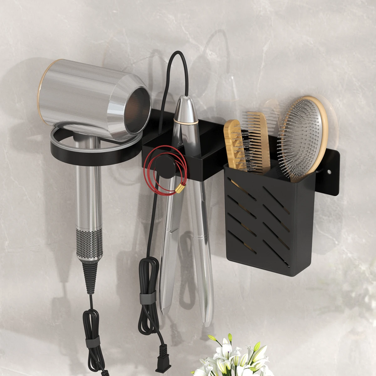 Space saving hair dryer rack, non drilling bathroom organizer for hair dryers, combs, and styling tools, with drainage design