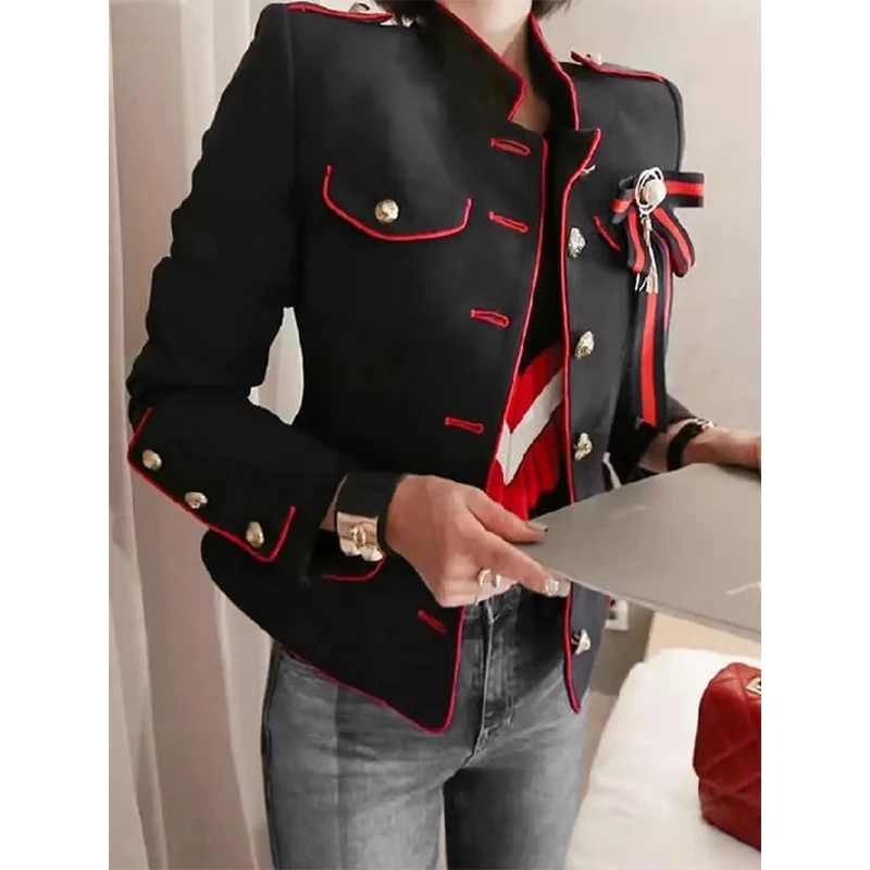 

Freeacy 2024 New Autumn Jackets for Women Stand Collar Long Sleeves Buttoned Coat Fake Pocket Embellished Loose Fit Outerwears