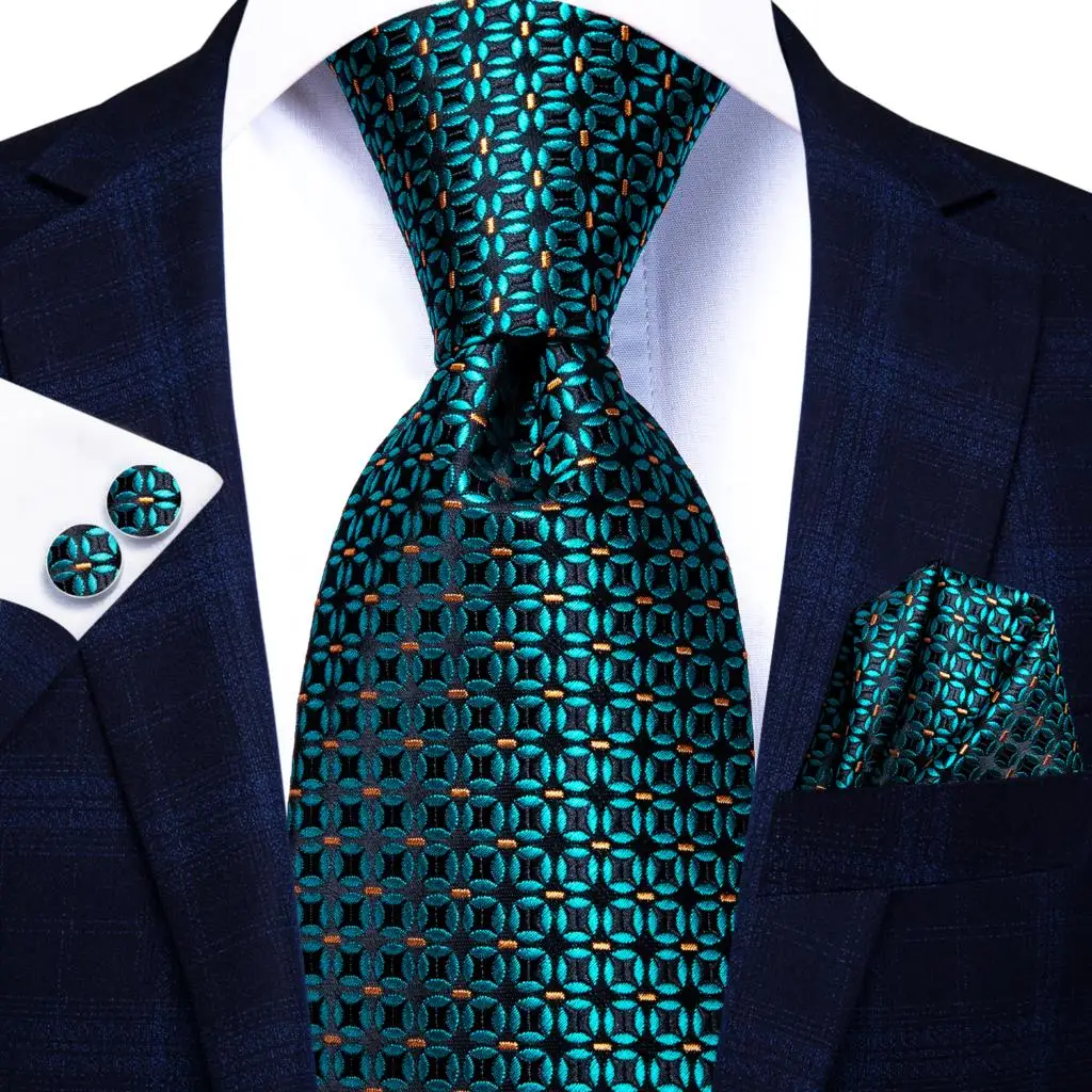 Teal Green Striped Luxury Designer Wedding Tie For Men Handky Cufflink Mens Necktie Fashion Business Party silk Dropship Hi-Tie