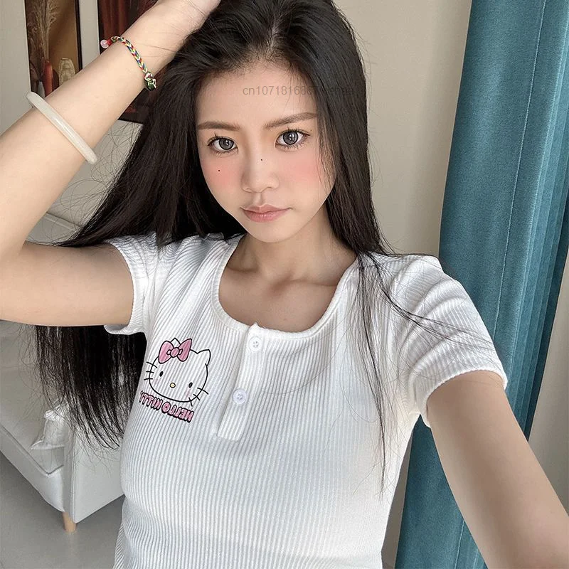 Sanrio Hello Kitty Short Sleeved T-shirt for Women, Sweet Pink Cartoon Print, Spicy Girl, Slim Short Tops, Summer Trendy Clothes