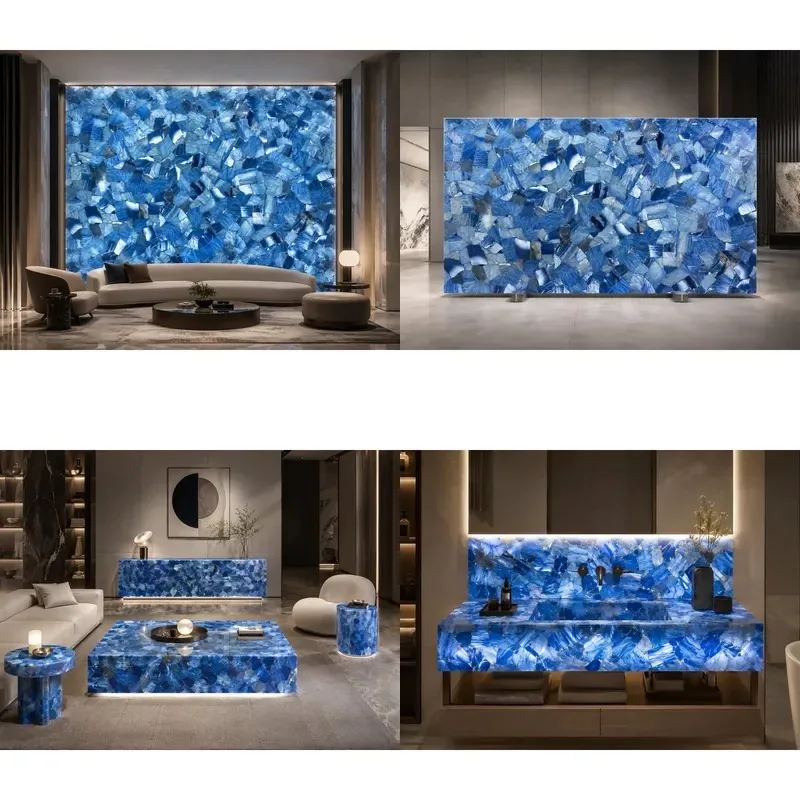 Blue Turquoise Semi Precious Stone Polished Slab Cut To Size For Backlit Wall Panels Bar Counters Reception Desks Side Tables