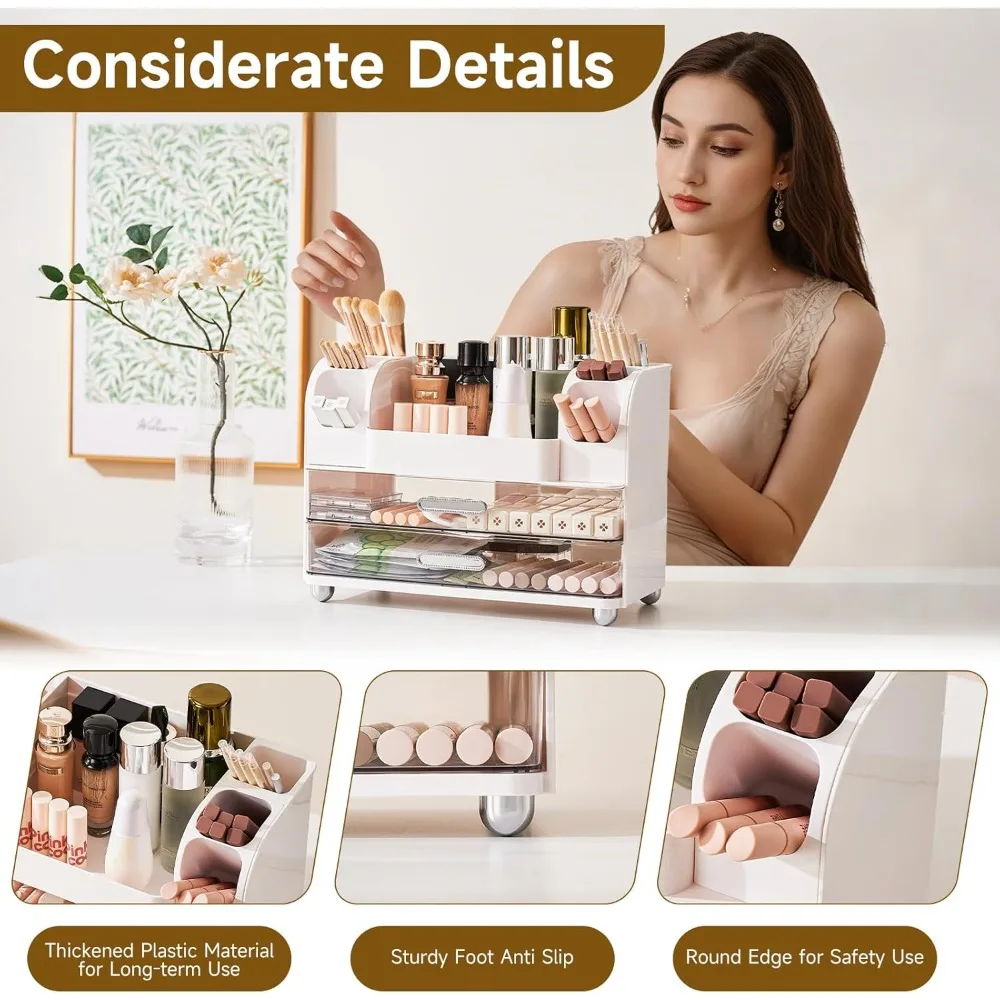 White Makeup Organizer with 2 Large Drawers, Brush Holders for Vanity Bathroom Countertop Office Desk Storage