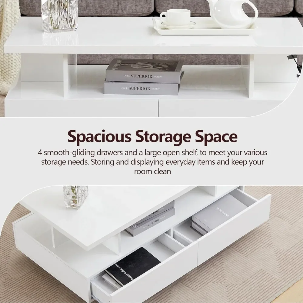 LED Coffee Table, Modern High Glossy Coffee Table with 4 Drawers and Open Display Shelf Wood Rectangle Center Tables