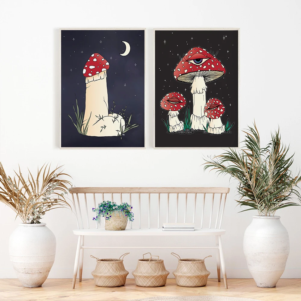 Mystic Shroom with Eye Poster Red Mushroom Art Print Vinatge  Funny Penis Mushroom Canvas Painting Wall Pictures Room Decor