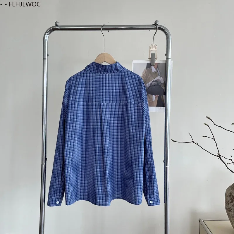 Chic Style coréen nœud papillon hauts Blouses 2025 à manches longues filles Style Preppy ample petit ami conception blanc bouton bleu chemises à carreaux