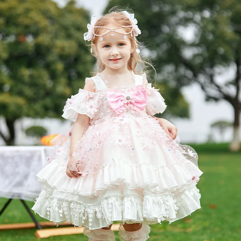 2024 Summer Lolita Lace Bow Ball Gown Dresses Girls Kids Princess Floral Birthday Party Dress Childrens Gauze Layed Cake Skirts