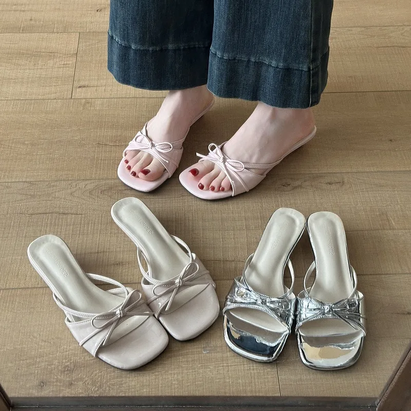 Women Slippers French Temperament Square Head Slope Heel Slippers Sweet Fairy Style Bow Skirt Slippers Summer Open-toed Slipper