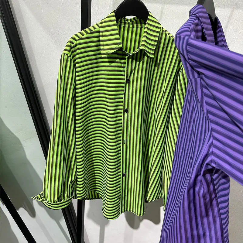 Casual Fashionable Design Asymmetric Striped Loose Long-Sleeved Shirt Popular Ruan Handsome Personality Non-Ironing Top