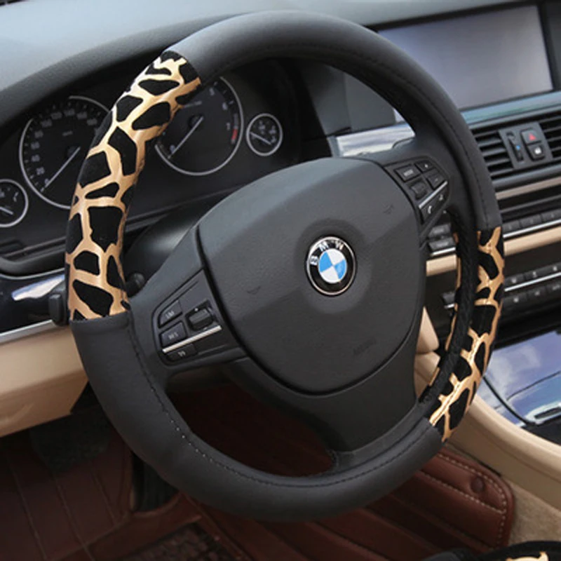 37cm Personalized Leopard Print Car Steering Wheel Cover Plush Silvery Steering Covers Accessories Auto Upholstery Supplies