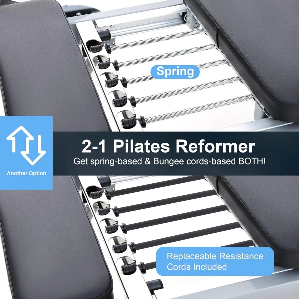 Pilates Reformer，Foldable Pilates Reformer Machine for Home Workout, Pilates Equipment with Springs and Replaceable Bungee Cords