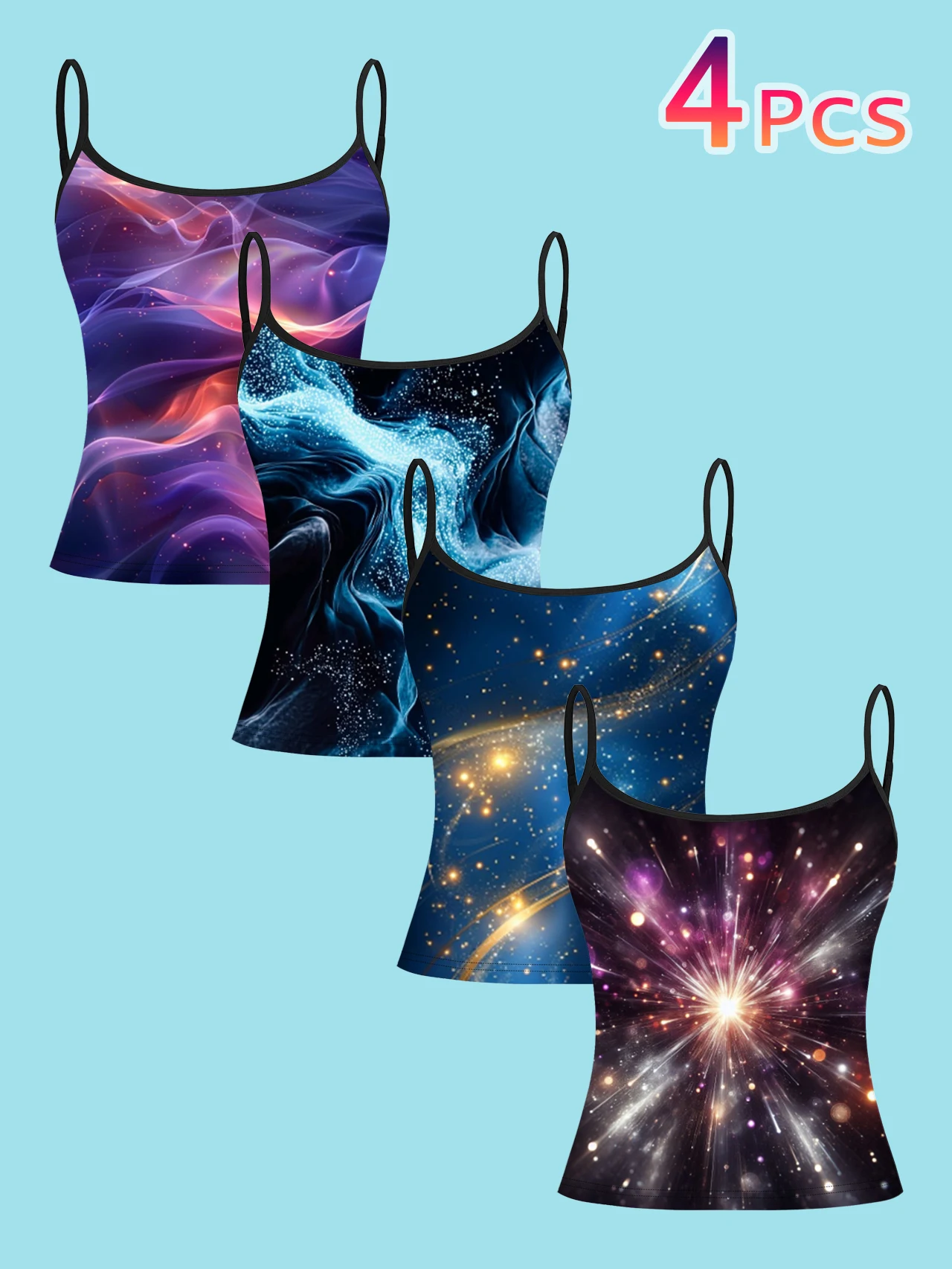 4-Piece Set of Dreamy Fluid Nebula Starry Sky Print Camisole Tops for Women, Stylish Spaghetti Strap Slim-Fit Inner Wear Tops