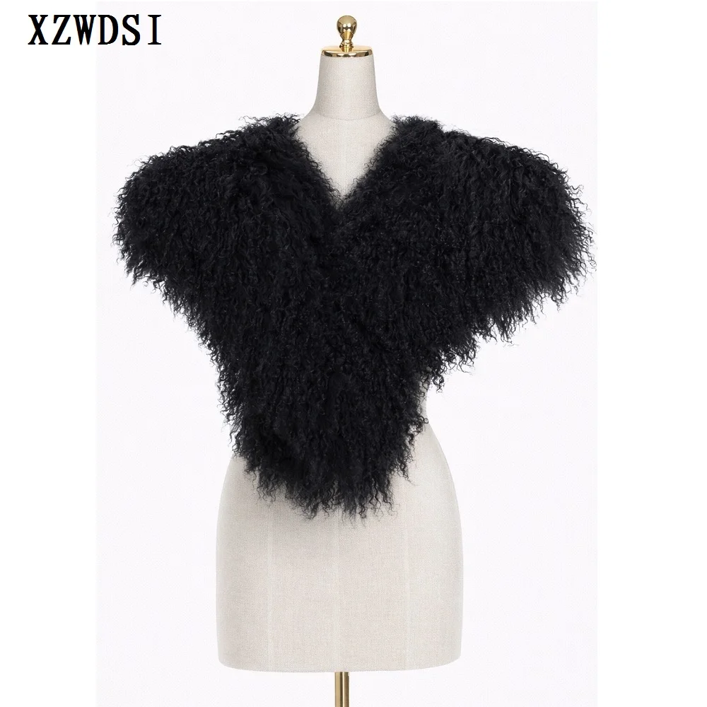 

Curly Women's Real Mongolian Lamb Fur Cape Wrap Fluffy Winter Fashion Shawl Custom Colors Factory Direct