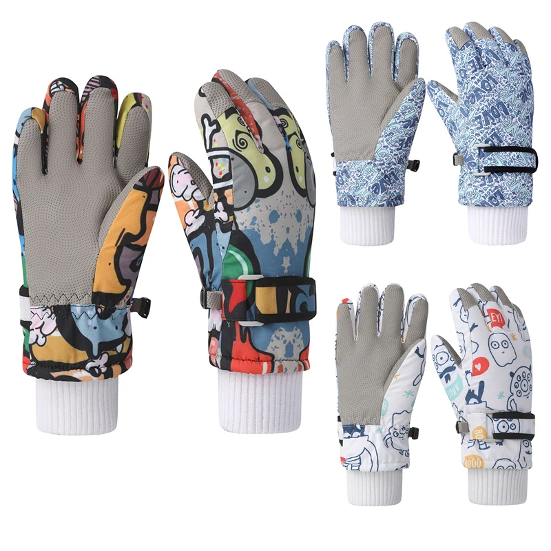 

Trendy Print Kids Gloves Thickened Warm Ski Five-Finger Glove Boys Girls Waterproof No-Slip Winter Outdoor Children Accessories