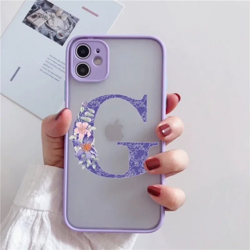 Retro Purple Flower Letter Clear Phone Case For iPhone 17 16 15 14 Pro Max Plus Shockproof Hard Transparent Back Cover Fundas