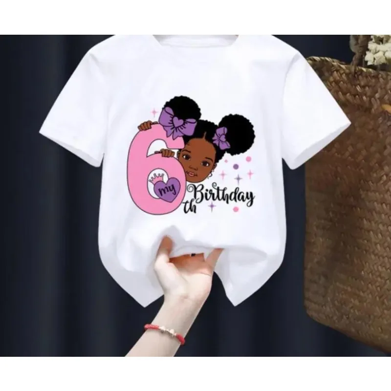 Black Girl New My  Birthday Number Print Name T-shirt Children Birthday Gift Present Clothes BabyLetter TOps Tee