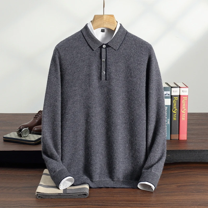 Men's 100% Cashmere Business Polo Collar Pullover Classic Fashion Long Sleeve Sweater Autumn Winter Casual Versatile Knit Top