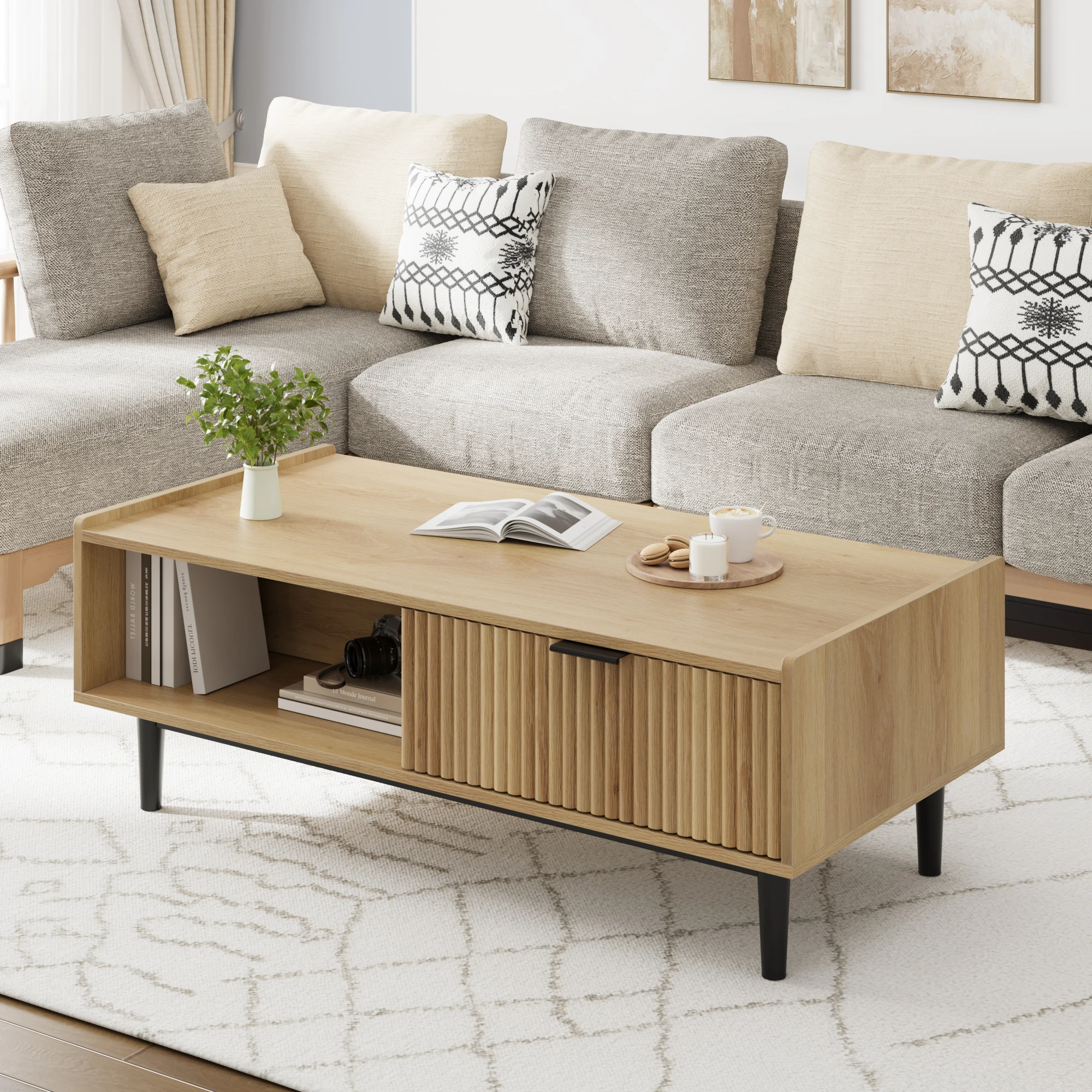 Center Table Fluted Coffee Table with Drawer 42.5