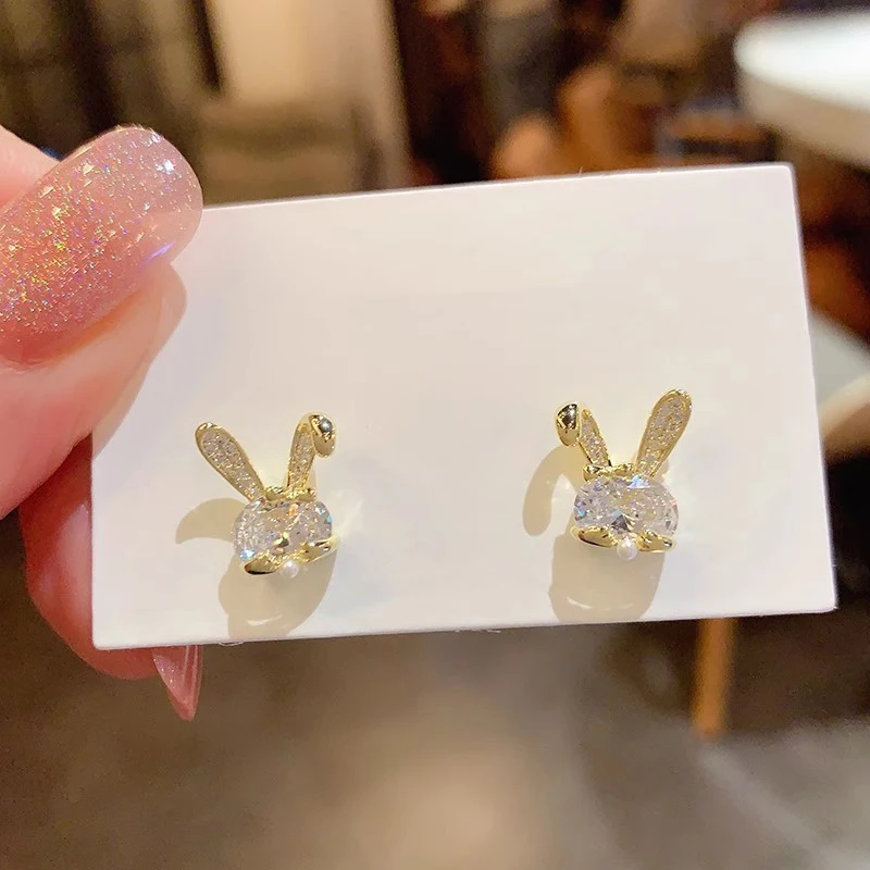 Huitan Chic Rabbit Ears Shaped Stud Earrings for Women Dainty Cubic Zirconia Earrings Exquisite Party Gift New Trendy Jewelry