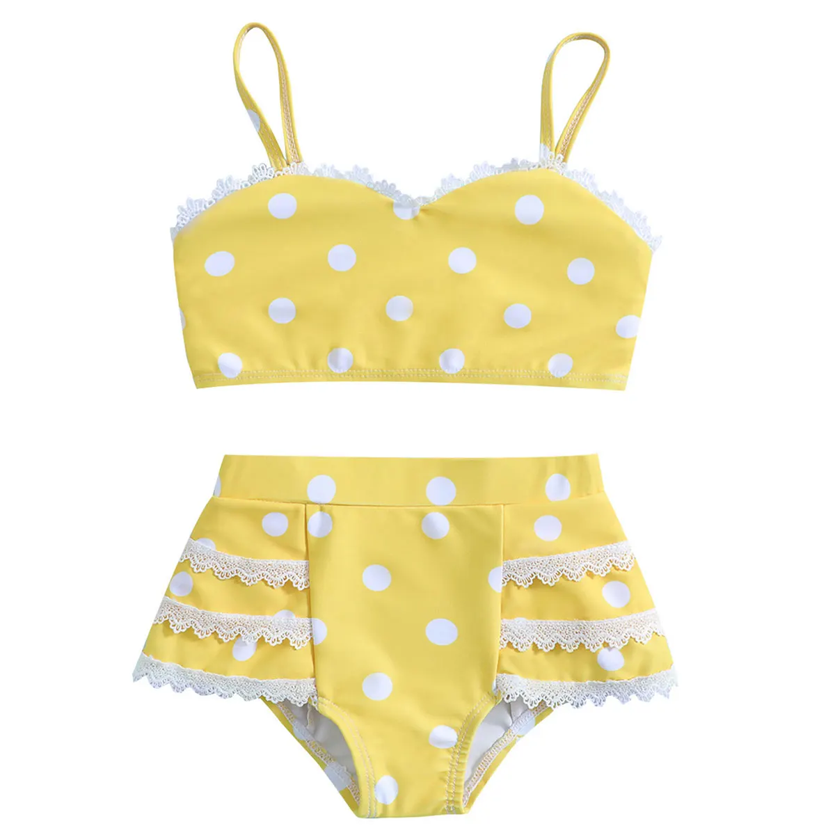 1-7Y Little Girls 2 Pieces Swimsuit Bikini Set Lace Adjustable Straps Yellow Dot Beach Pool Bathing Suit High Waist Shorts