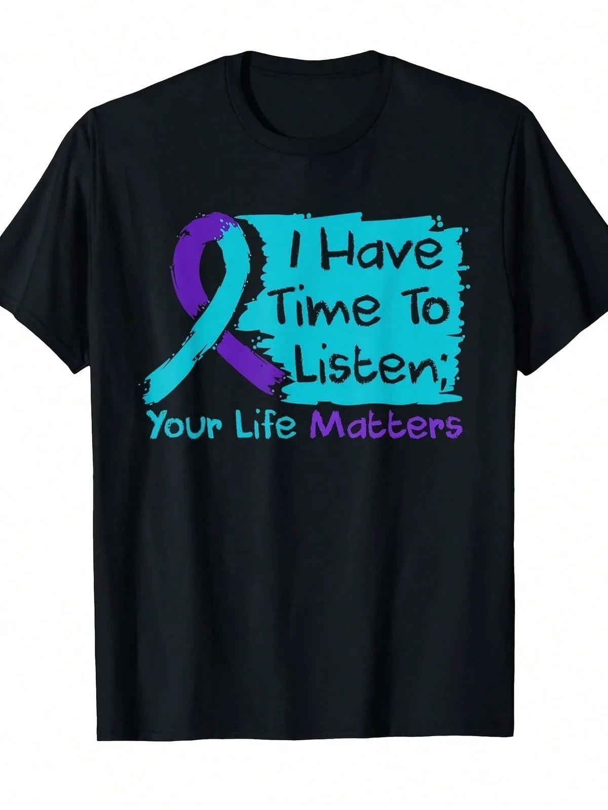 Women's Crew Neck T-Shirt, Suicide Prevention Ribbon Listen Slogan Motif, Fit For Mental Health Support Daily Wear