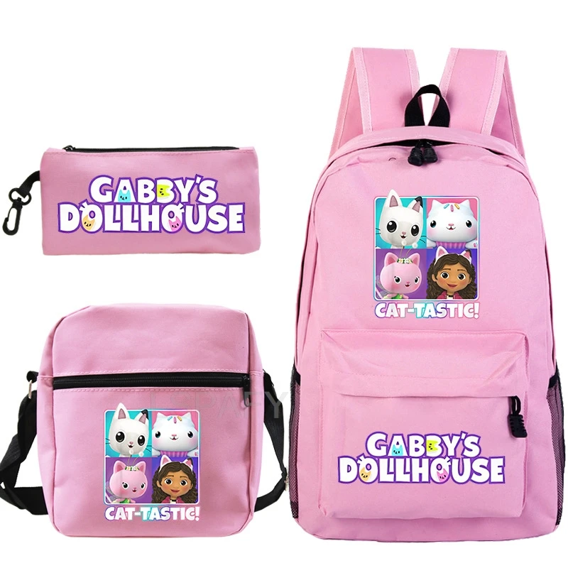 3 Pcs Set Gabbys Dollhouse Backpack Boy Girl Cartoon School Knapsack Kids Bookbag Students School Gift Teens Travel Bag Mochila