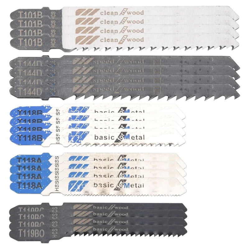 Zestaw 20 ostrzy do wyrzynarki, różne trzpienie T, do cięcia drewna i metalu.