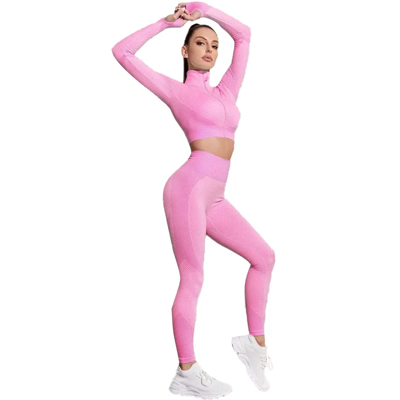 New Women's Slim Fit And Slimming Three Piece Set Seamless Zipper Long Sleeved Yoga Jacket Sports Fitness Yoga Set