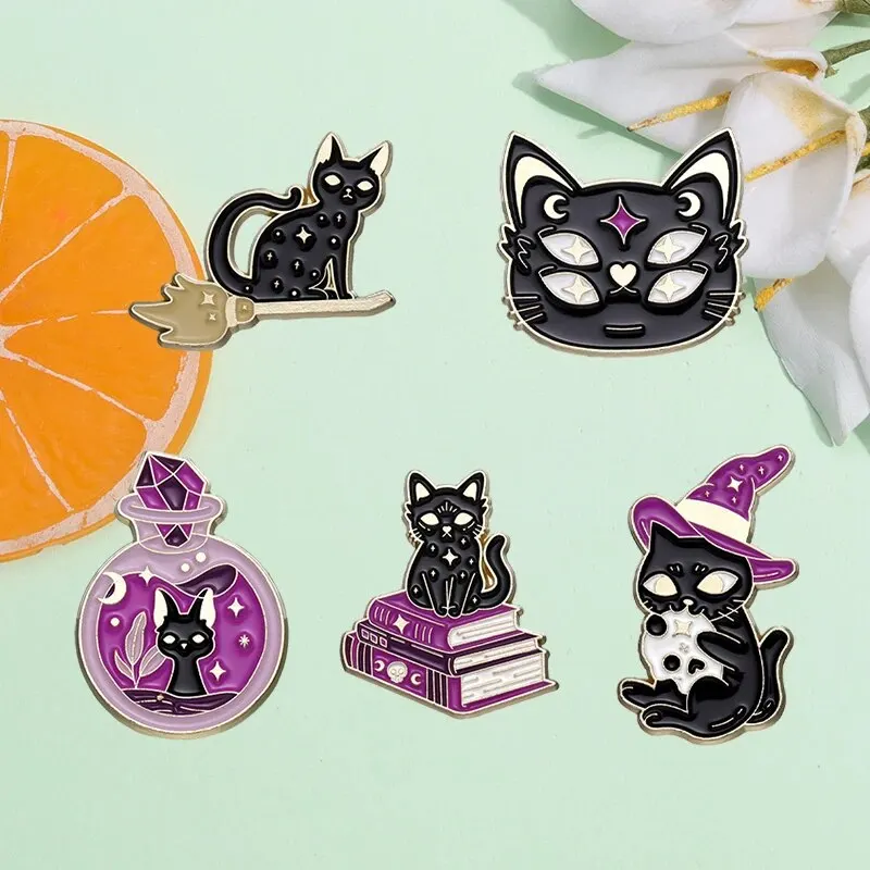 5pcs Magic Cat Metal Badge Alloy Halloween Brooch Purple Hat Potion Witch Black Cat Animal Cute