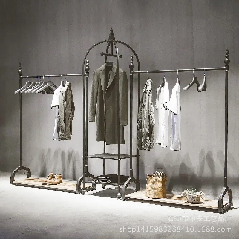 Retro solid wood clothing store display rack hanger shelf floor-to-ceiling women's lifting clothingrack side hangerpositive ha