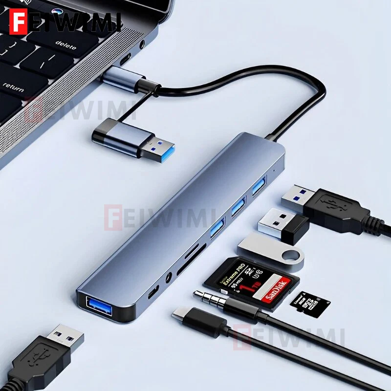 8 in 2 Port USB C Splitter USB Hub Type C Expander Type C Dock Multiport Adapter USB Expander For Xiaomi Phone Tablet