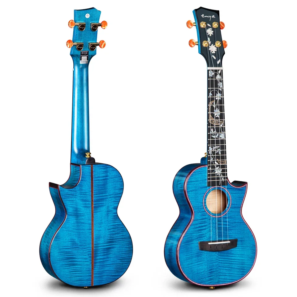 Enya Concert Tenor Ukulele All Solid 5A Flame Maple High Gloss Electric Ukelele with Premium Gig Bag and Strap Fingerboard Inlay