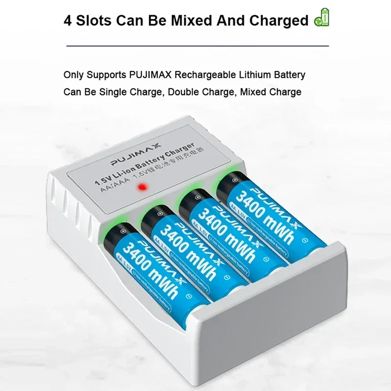 For AA 1.5V Lithium Battery Large Capacity Rechargeable Li-ion Battery 4 Slots Lithium Battery Charger With Cable