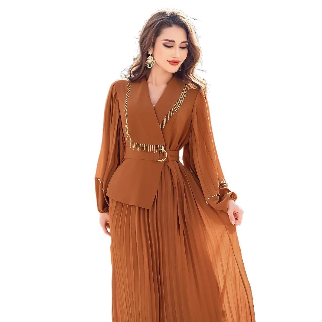 New V-neck long sleeved pleated skirt, handmade beaded elegant long skirt, women's dress