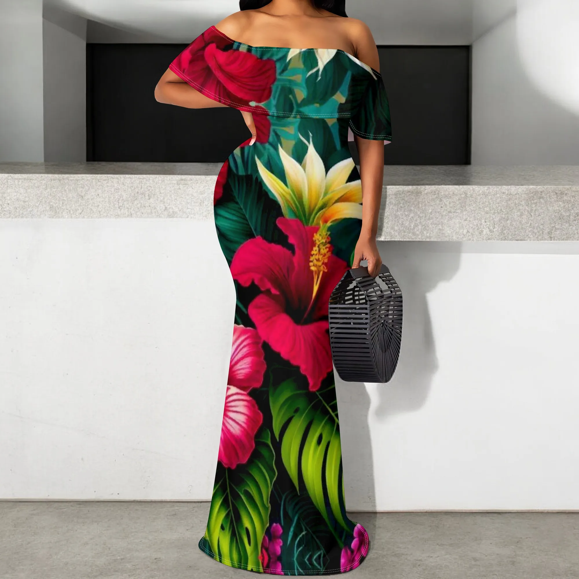 

Tropical Hibiscus Floral Maxi Dress S‑3XL Off Shoulder Bodycon Style for Beach Vacation, Luau Party or Resort Dinner Look