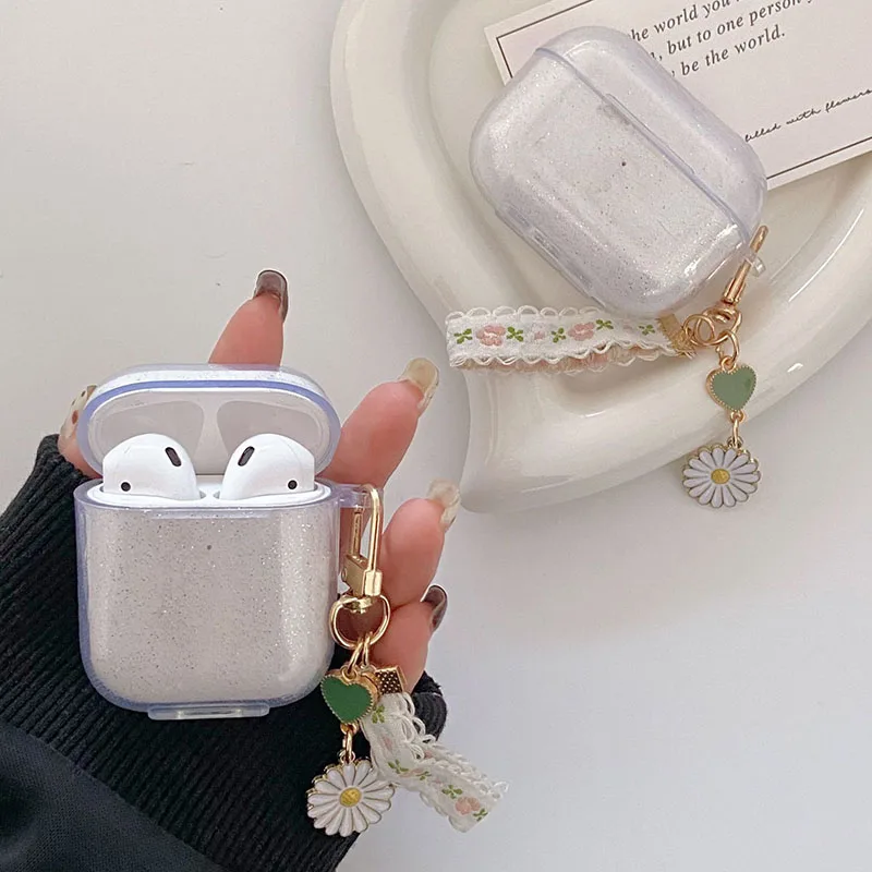 Блестящий прозрачный чехол для наушников AirPods Pro 3, чехол для AirPods 4 Pro 2, мягкий TPU-чехол с подвеской в виде ромашки.