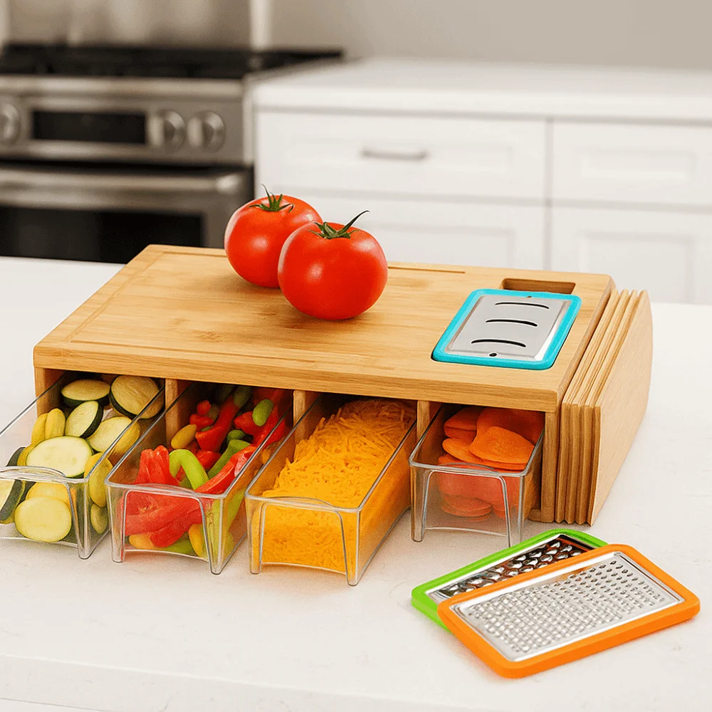 

Bamboo Multifunctional Cutting Board Set Drawer Design with Container and Grater Chopping Block Square Cutting Board Salads