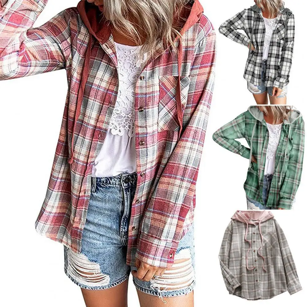 Women\'s Shirt Plaid Single-breasted Hooded Pocket Spring All Match Streetwear Fashion Autumn Soft Long Sleeve for Daily Wear