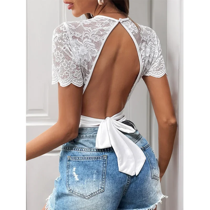 Bow Tie Backless ลูกไม้สีขาวผู้หญิงฤดูร้อนแขนสั้น O-คอยืดหยุ่นสูงผู้หญิง One Piece Street Tops