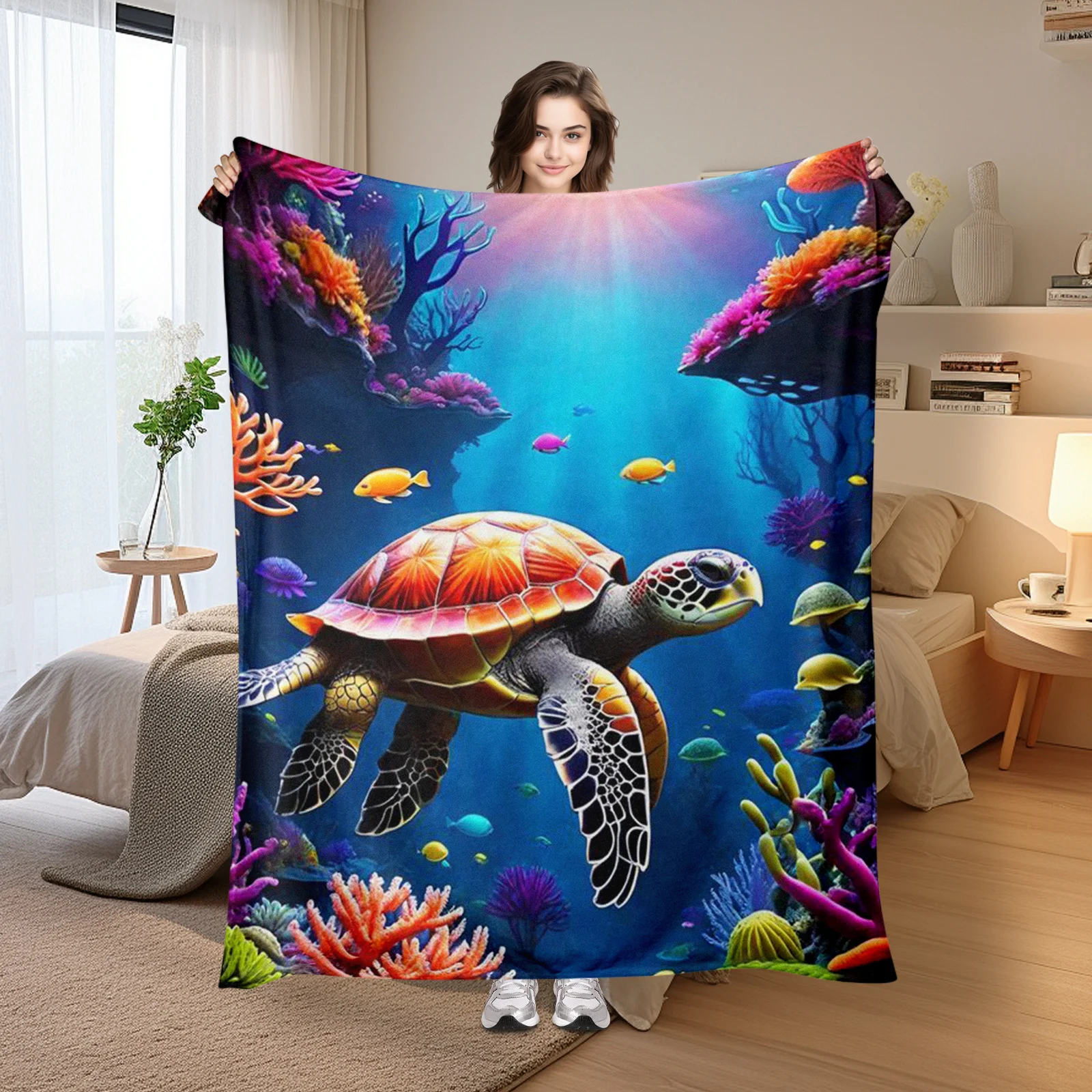 Sea Turtle And Seaweed Pattern Blanket In Striking Orange And Blue Shades For A Coastal Themed Home Decor Essential Piece