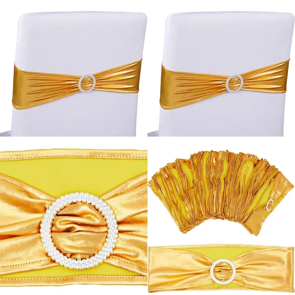 

Комплект из 100 твердых полиэстеровых поясов для стульев — эластичный, подходит для спинков стульев 13,5–16,5 с металлическими золотыми завязками и серебряными пряжками —