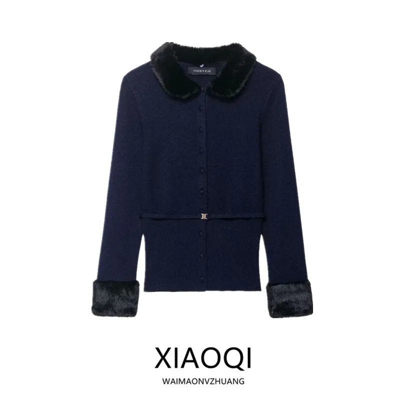 

Fall 2025 New Women's Knitted Jacket Artificial Fur Effect Splicing Outerwear Long Sleeve Button Closure Open Cardigan